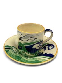 Susie Cooper rare SEAGULL pattern demitasse coffee can and saucer. Circa 1930.