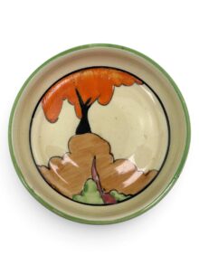 Clarice Cliff HONOLULU pattern pin dish or coaster, 9cm. Art Deco, circa 1933.